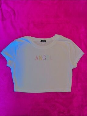 Rue21 White Cropped Tee with Pastel 'ANGEL' Graphic
